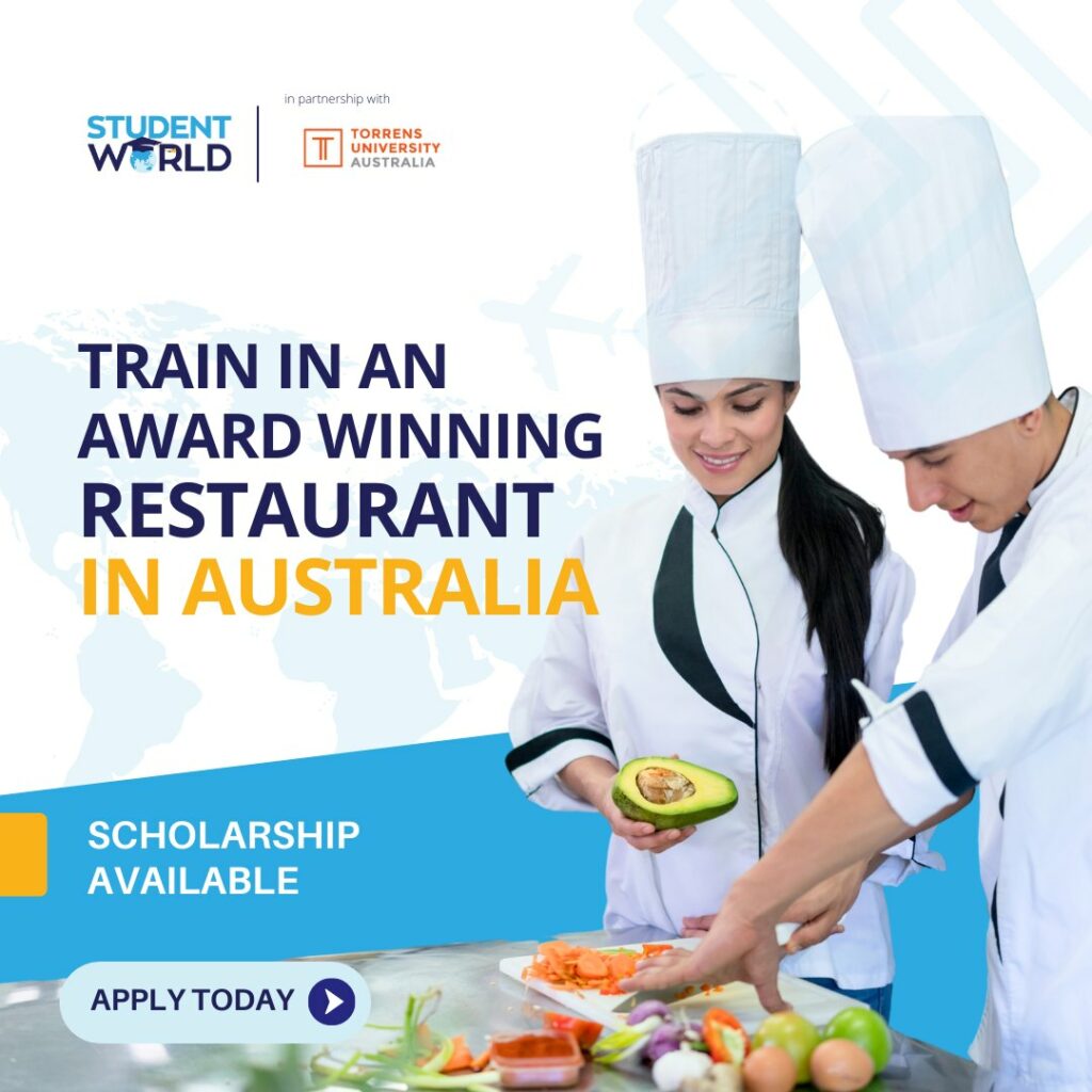 Image of a male and female culinary students inviting students to train in an award winning restaurant in Australia as part of TAFE Courses