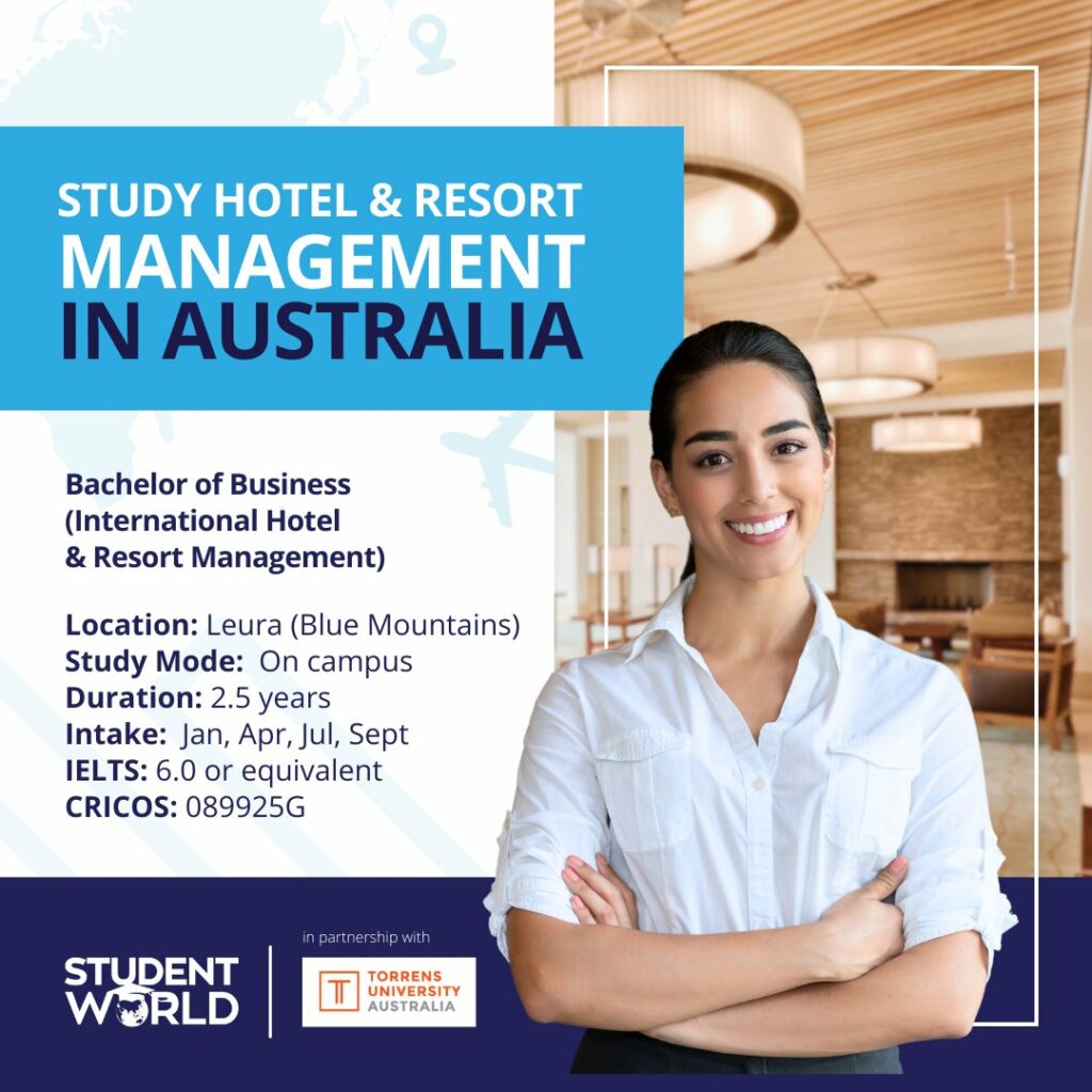 Image of lady in culinary uniform inviting the audience to study hotel and resort management in Australia